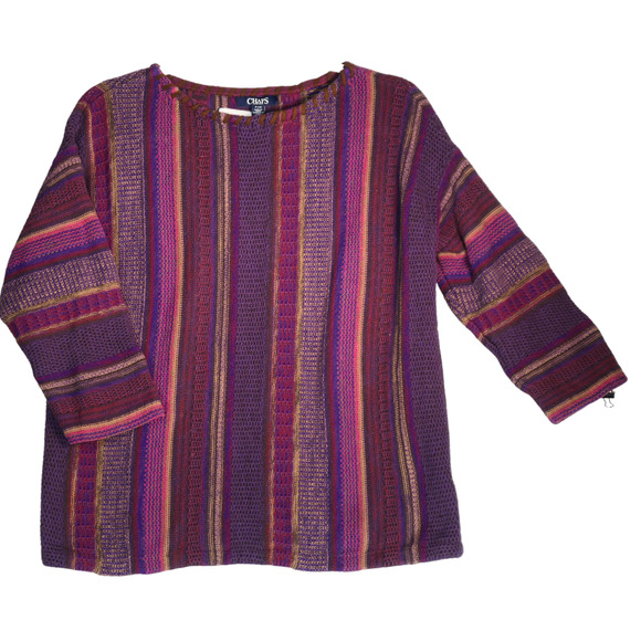 Chaps Sweater Womens PL Petite Large Purple Stripe Leather Trim Preppy Classic - Picture 1 of 8